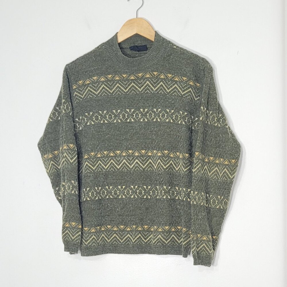 Vintage Olive Green Grandpa Oversized Crewneck Pullover Knit Sweater Cottagecore